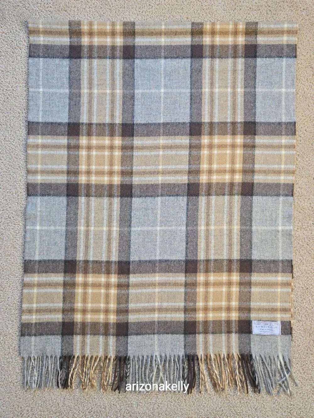 NWOT Highland Store Lambswool Scarf Tan & Grey Plaid Made in Britain